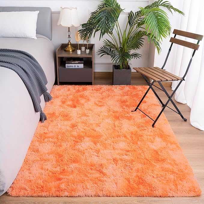 Goideal Fluffy Rug for Bedroom Living Room, 6x9 Orange Area Rugs, Faux Fur Shag Modern Carpet Ultra Soft Girls Boys Room Home Decor, Tie-Dyed
