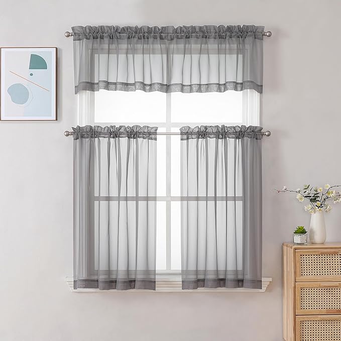 Gwine Charcoal Grey Sheer Curtains 30 Inch Length, Short Light Filtering Voile Small Cafe Kitchen Curtains with Rod Pocket, Short Curtain for Bathroom Window, 42x30 Inch, 2PCS