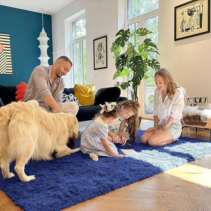 OLANLY 7x12 Machine Washable Large Area Rugs for Living Room, Bedroom, Soft Fluffy Shaggy Bedside Rug, Indoor Floor Carpet for Kids Girls and Boys, Dorms, Nursery, Home Decor Aesthetic, Navy Blue