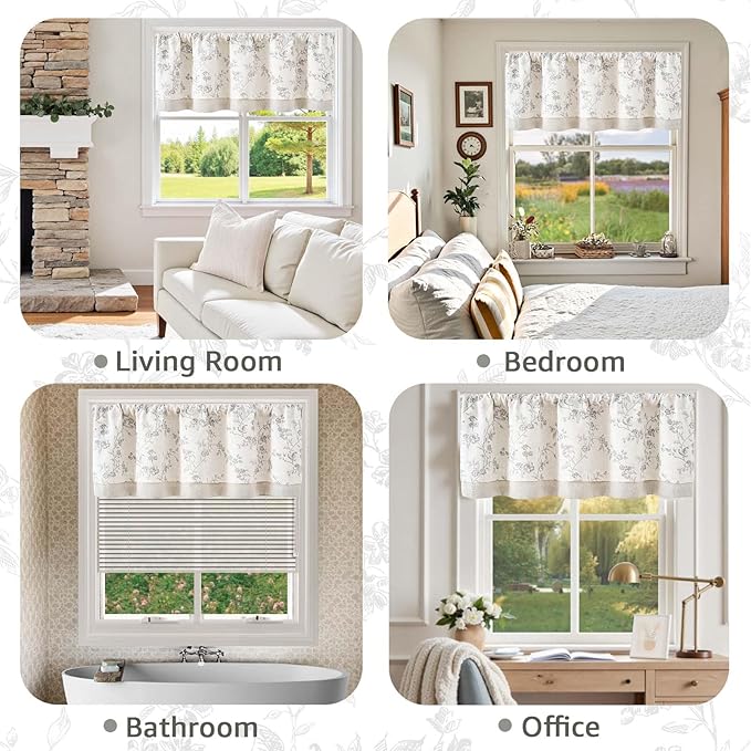 jinchan Linen Kitchen Valance for Windows 16 Inch Gray Floral Double Layer Valance Living Room Laundry Room Darkening Rustic Cottagecore Farmhouse Flower Window Treatment 1 Panel Grey on Linen