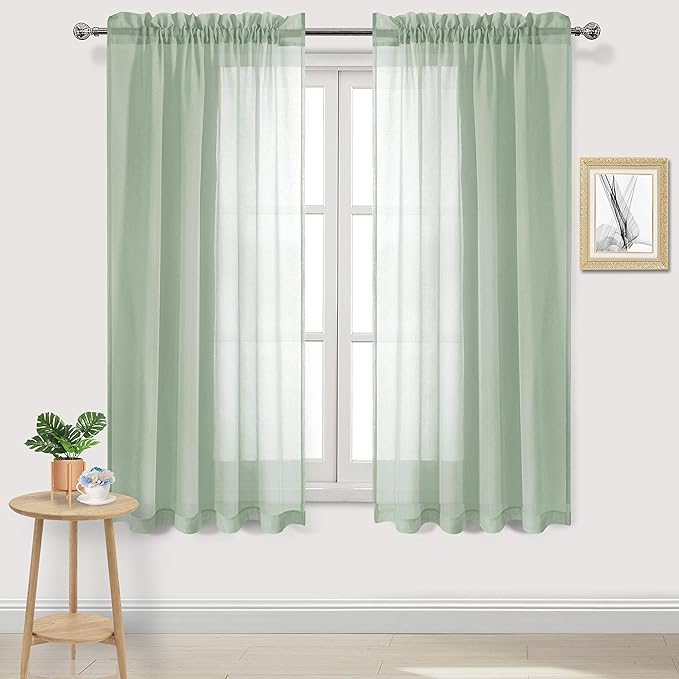 DWCN Bean Green Sheer Curtains Semi Transparent Voile Rod Pocket Curtains for Bedroom and Living Room, 42 x 63 inches Long, Set of 2 Panels