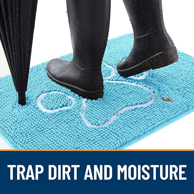 OLANLY Dog Door Mat for Muddy Paws 40x32, Paw Print Design, Absorbs Moisture and Dirt, Absorbent Non-Slip Washable Doormat, Quick Dry Chenille Mud Mat for Dogs, Entry Indoor Entryway Carpet, Blue