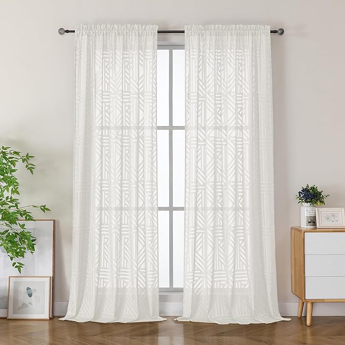 Simplebrand Semi Sheer Ivory Curtains 96 Inches Long 2 Panels, Light Filtering Geometric Jacquard Clip Textured Sheer Curtains for Living Roon，Modern Elegant Window Curtains Drapes，52x96 inch