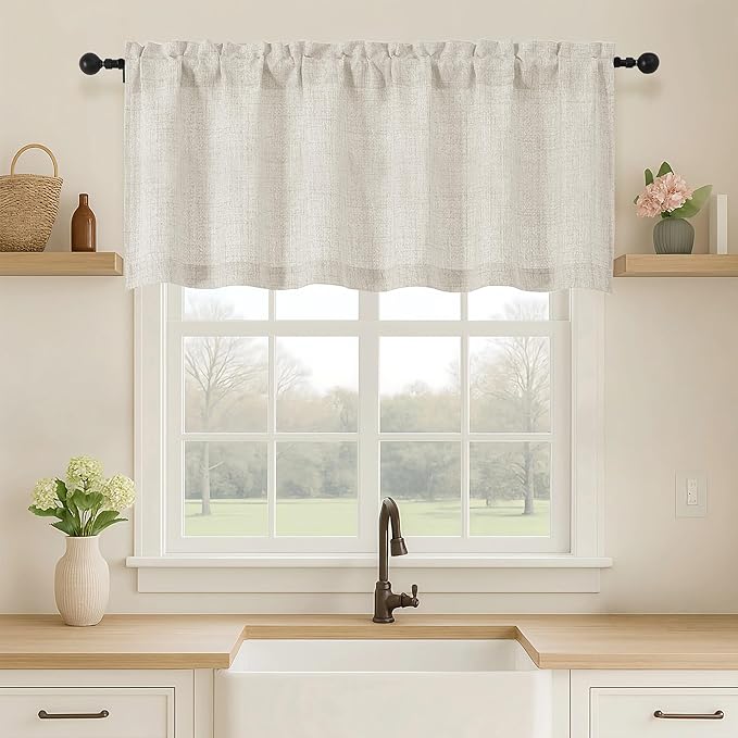 OVZME Natural Valance for Windows, Light Filtering Faux Linen Textured Small Cafe Valances for Windows, Dual Rod Pocket Farmhouse Short Curtain for Bathroom Basement, 60Wx20L inch, 1 Piece