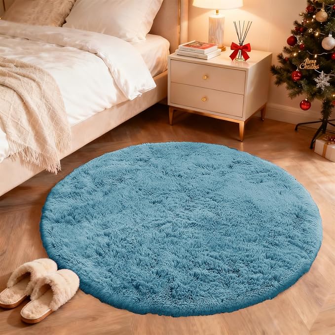 OLANLY Slate Blue Round Rugs for Bedroom - Machine Washable, 8 ft Circle Area Rugs for Living Room, Soft and Fluffy Shaggy Carpet for Teen Girl and Boys, Nursery Rooms, Dorms, Home Decor Aesthetic