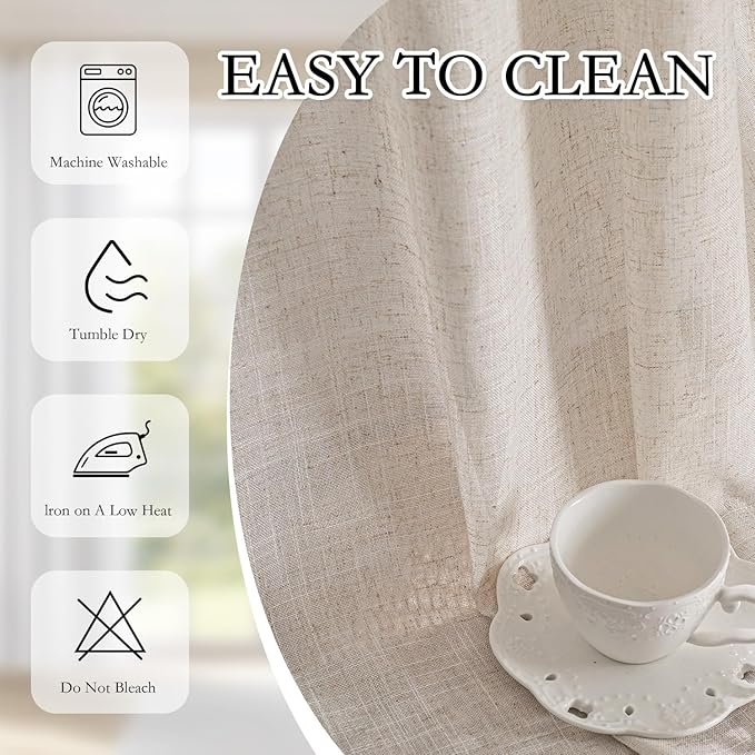 MYSKY HOME Linen Natural Farmhouse Kitchen Curtains 54 inches Long, Boho Curtain Panels Country Style Semi Sheer Window Panels for Home Decor, Light Filtering Privacy Drapes, 50" Wide, Pack-2