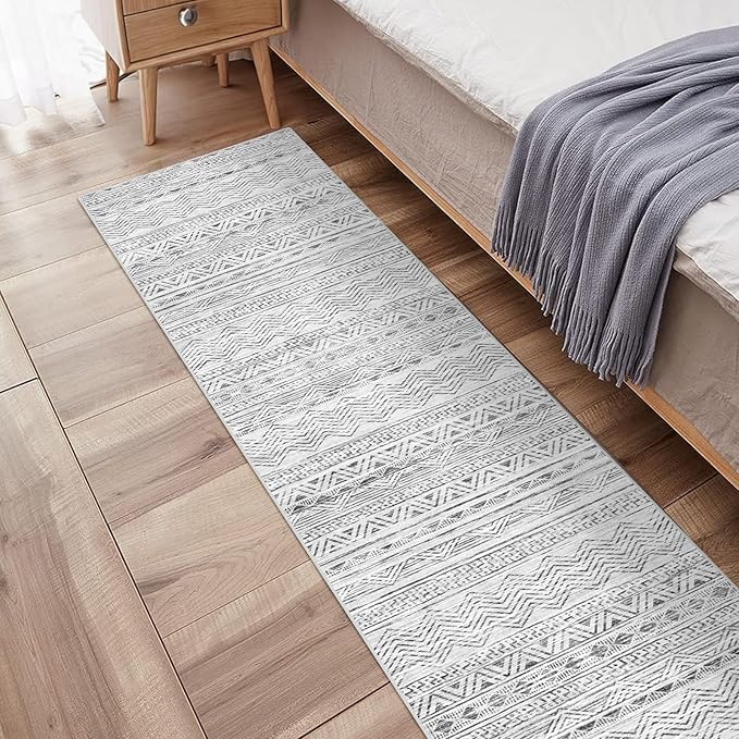 Moroccan Washable Hallway Runner Rug - 2'6"x14' Non Slip Kitchen Rug Rubber Backing Floor Carpet Low Pile Mat Soft Living Room Rug for Entryway Farmhouse Bedroom 2'6"x14' Gray