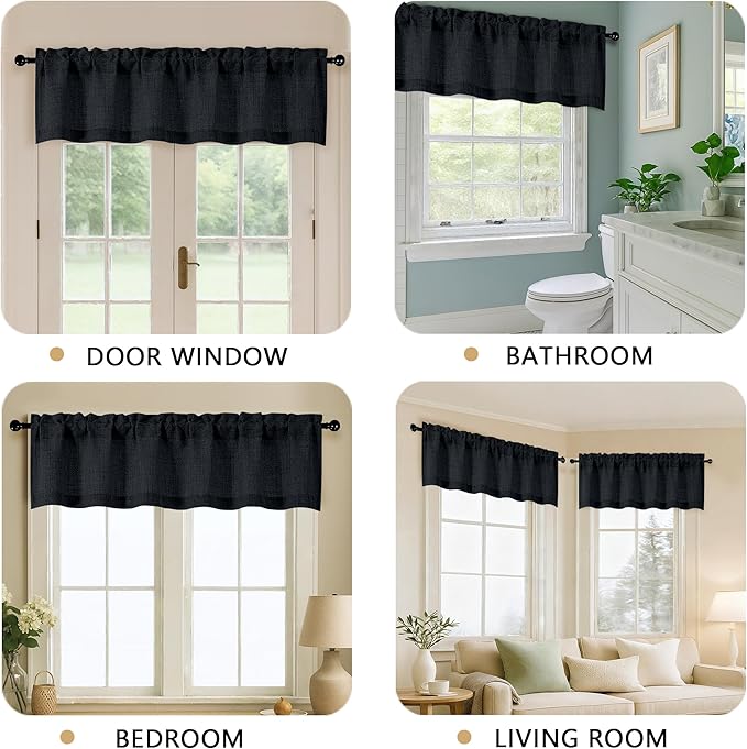 OVZME Black Valance for Windows, Light Filtering Faux Linen Textured Small Cafe Valances for Windows, Dual Rod Pocket Farmhouse Short Curtain for Bathroom Basement, 60Wx24L inch, 1 Piece