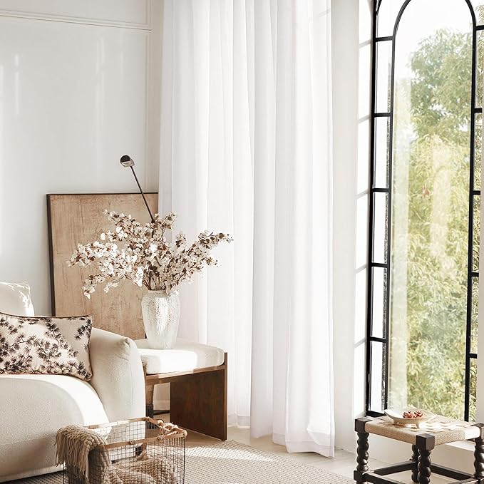 Linen White Curtains 90 inches Long for Bedroom Loop Pocket Privacy Light Filtering Semi Sheer White Boho Farmhouse Curtain Drapes Cotton Textured Modern Elegant Coastal Living Room Decor 60x90