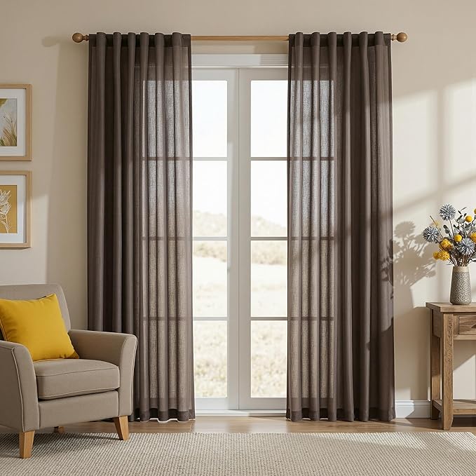 MYSKY HOME French Door Curtains for Closet Doorways, 72 Inches Long Dark Brown Semi Sheer Drapes Light Filtering Curtain Panels Elegant Look for Classroom/Guestroom Windows, 50" x 72", 2 PCs