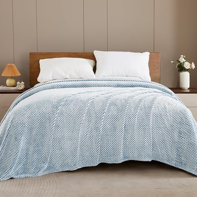 Exclusivo Mezcla Fleece Bed Blanket Queen Size, Super Soft and Warm Blankets for Couch, Sofa and Bed Waffle Textured, Cozy, Fuzzy and Lightweight (Heather Slate Blue, 90x90 Inches)