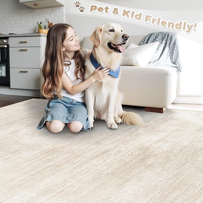 Area Rugs 8x10 for Living Room: Washable Rug Modern Abstract Neutral Soft Non-Slip Low-Pile Indoor Large Carpet for Bedroom Dining Room Playroom Home Office (Beige, 8'x10')