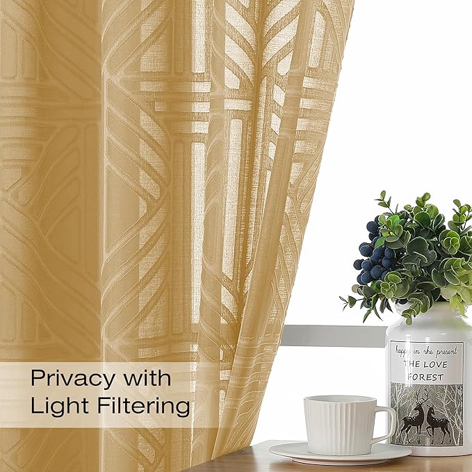 Simplebrand Gold Semi Sheer Curtains 84 Inches Long 2 Panels, Light Filtering Geometric Jacquard Clip Textured Sheer Curtains for Bedroom，Modern Elegant Window Curtains Drapes，42x84 inch