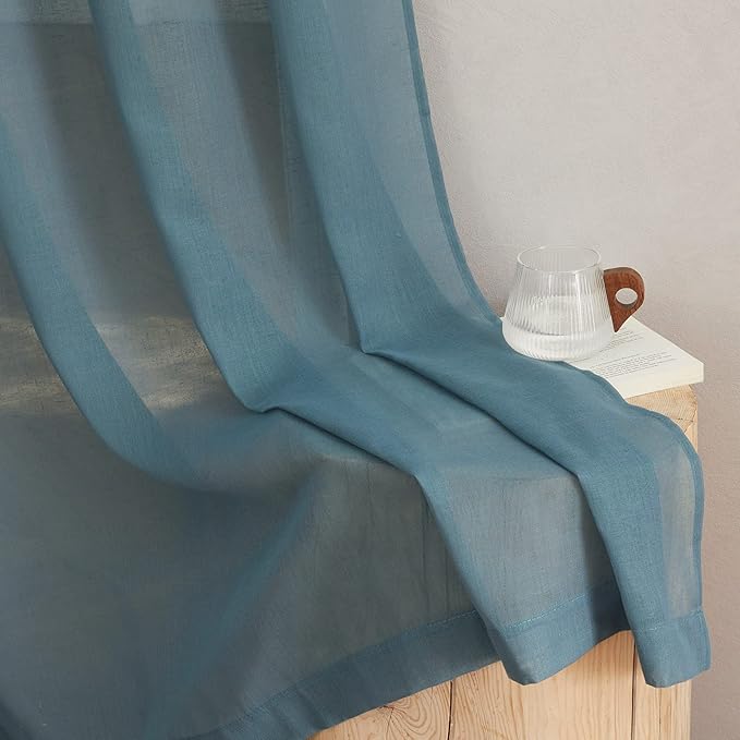 NICETOWN Sheer Linen Curtains 84 inch Long for Bedroom, (Smoke Blue) Grommet Privacy Semitransparent Light Filtering Flax Sheer Window Treatment for Living Room, W52 by L84, Set of 2