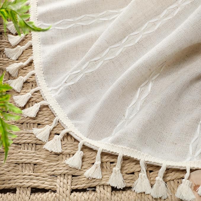 Boho 80% Blackout Curtains with Gray Liner 72 Inches Long 2 Panels Set, Beige Linen Blend Drapes with Tassels and Cotton Embroidered for Living Room Bedroom