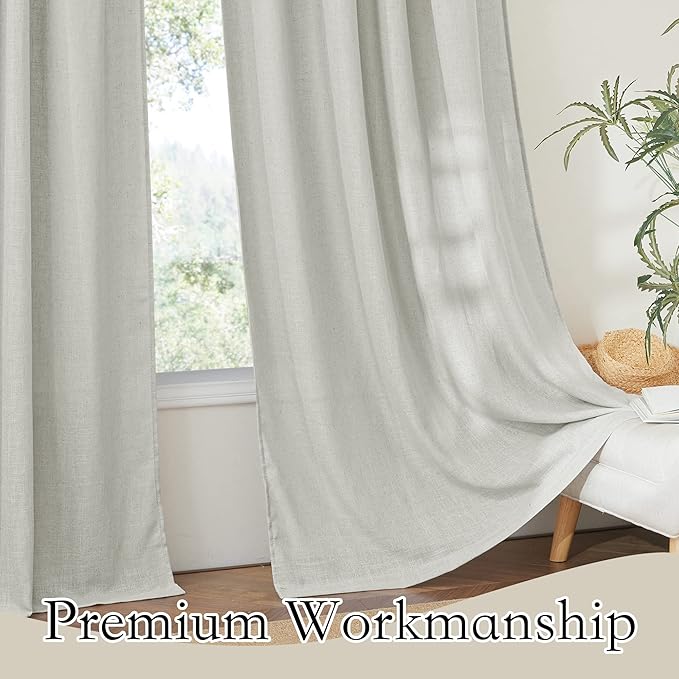 RYB HOME Grey Curtains Linen Blend Drapes, Semi Sheer Light Filtering Privacy UV Protection Back Tab Draperies for Living Room, Closet, French Door, Bay Window, Wide 52 by Long 63 inch, 2 Panels