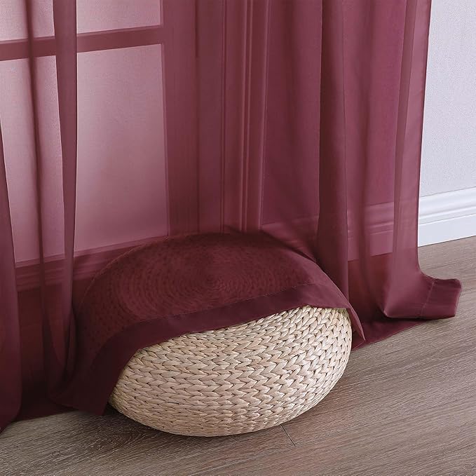 OWENIE Sheer Curtains 2 Panels Set for Bedroom Living Room, Soft Solid Rod Pocket Light Filtering Window Treatment, 2Pcs Each 59" W x 96" L, Burgundy Wine