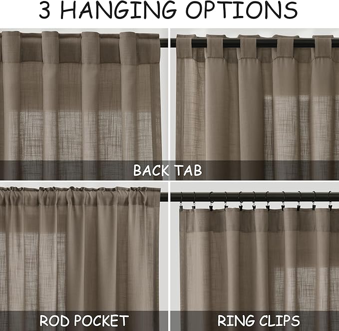 Nanspring Dark Taupe Linen Curtains 80 Inches Length for Living Room Back Tab Rod Pocket Semi Sheer Linen Drapes Muted Neutral Boho Linen Textured Window Curtain for Dining Room Bedroom 52X80 Inches