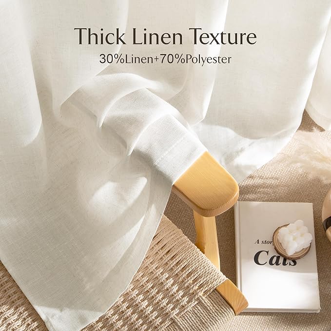 NICETOWN Linen Burlap Bedroom Curtains Natural, Rustic Rod Pocket & Back Tab Semi Sheer Flax Linen Weve Drapes Privacy with Light Filtering Window Treatmentes for Nursery, W37 x L60, Set of 2