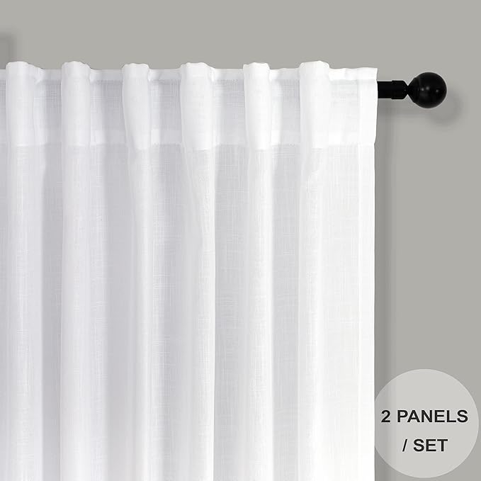 Pitalk White Linen Curtains for Living Room 100 Inches Long 2 Panels Pocket Back Tab Semi Transparent Curtains Boho Farmhouse Mid Century Country Western Sheer Drapes Ceiling to Floor 52 x 100 Length