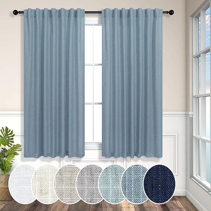 Country Blue Curtains 54 Inch Length for Bathroom 2 Panels Pocket Tab Loops Light Reducing Semi Privacy Energy Efficient Linen Sheer Vintage Blue Curtains for Boys Bedroom Chambray Blue Dusty