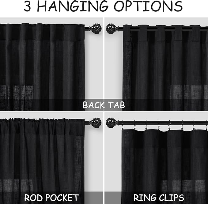 Nanspring 96 inch Linen Curtains for Bedroom Living Room Light Filtering Privacy Black Simple Modern Curtains Back Tab and Rod Pocket Curtain for Office/Dinner Room 70x96,2 Panel