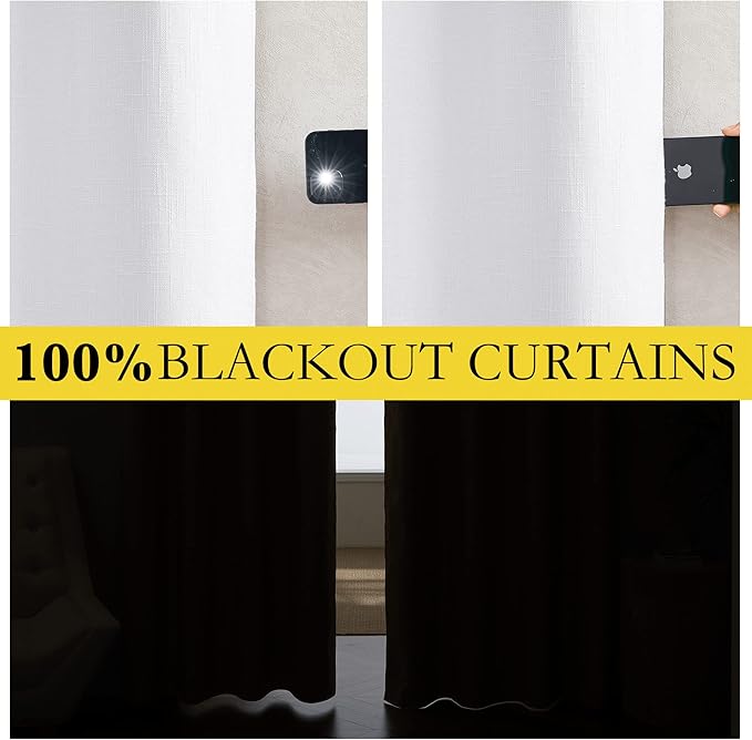 NICETOWN 100% Absolutely Blackout Linen Curtains with Thermal Insulated White Liner, White, 52 inches Wide, 120 inches Length Energy Saving Curtains for Living Room 2 Panels Set, Vertical Blinds