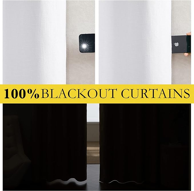 NICETOWN 100% Absolutely Blackout Linen Curtains with Thermal Insulated White Liner, White, 52 inches Wide, 102 inches Length Energy Saving Curtains for Living Room 2 Panels Set, Vertical Blinds
