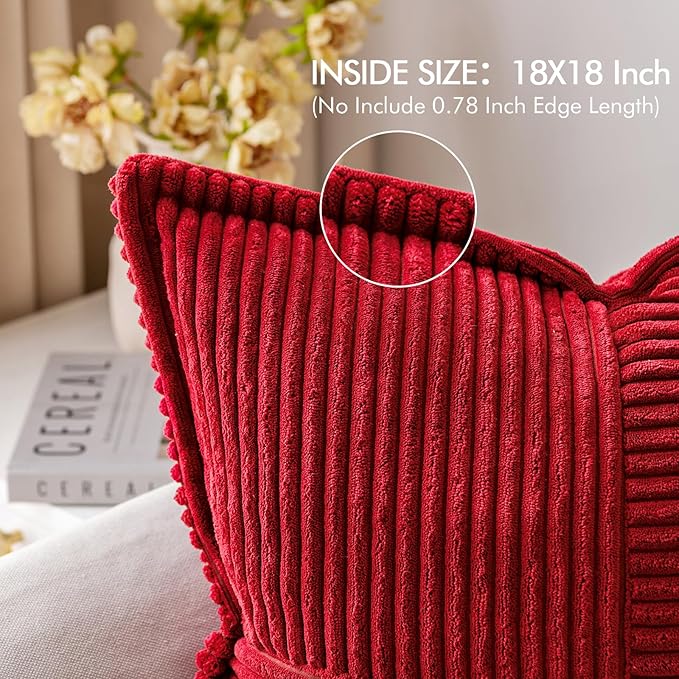 MIULEE Decorative Throw Pillow Covers for Couch Bed Livingroom 18x18 Inch Set of 2 Red Boho Accent Throw Pllows Broadside Striped Patchwork Soft Corduroy Pillowcases