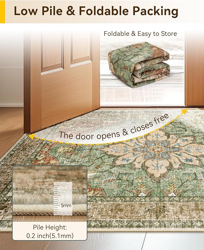 RELEANY Area Rugs 3'x5' Washable Non-Slip, Floral Vintage Distress Print Pattern Medallion Carpet for Living Room Bedroom Dining Room, Brick Red Rust Neutral Brown Burnt Orange Green
