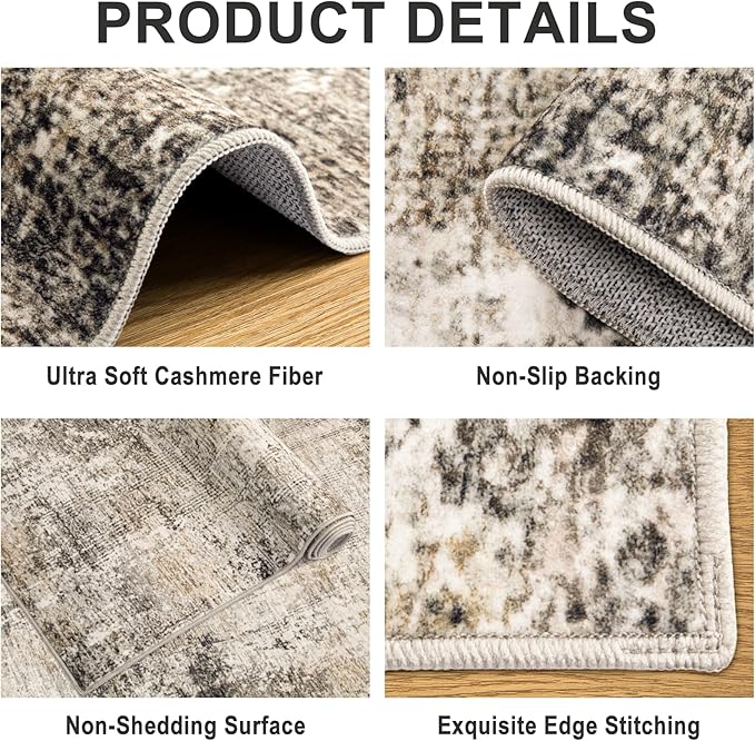 Area Rugs 9x12 Living Room - Washable Rug Modern Abstract Soft Large Neutral Non-Slip Carpet Indoor Floor Thin Carpets for Bedroom Dining Room Farmhouse Nursery Home Office Brown Black Grey
