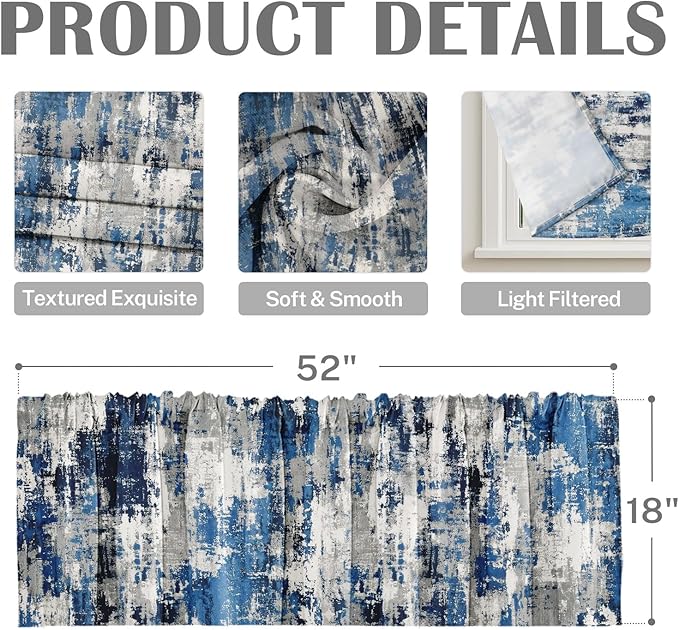 Emvency 4 Pack Valances Window Treatments, Abstract Modern Blue Grey Rustic Navy Drapes Adjustable Curtain for Windows Living Room Kitchen Over Sink, 52x18 Inch Rod Pocket Valances