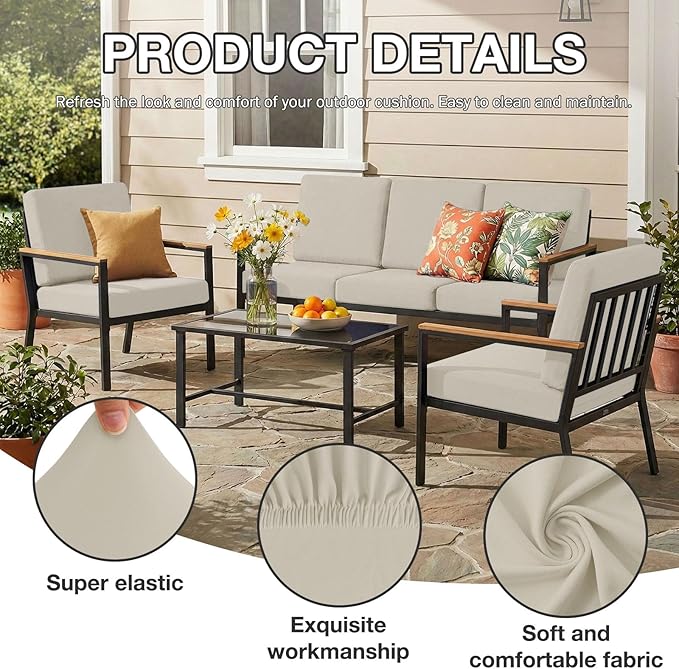 hyha 4Pcs Patio Cushion Covers, Stretch Outdoor Couch Cushion Covers Replacement, Washable Outdoor Chair/Sofa Slipcovers for Patio Furniture Cushions Protector with Elastic Bottom(Taupe,Cover Only)