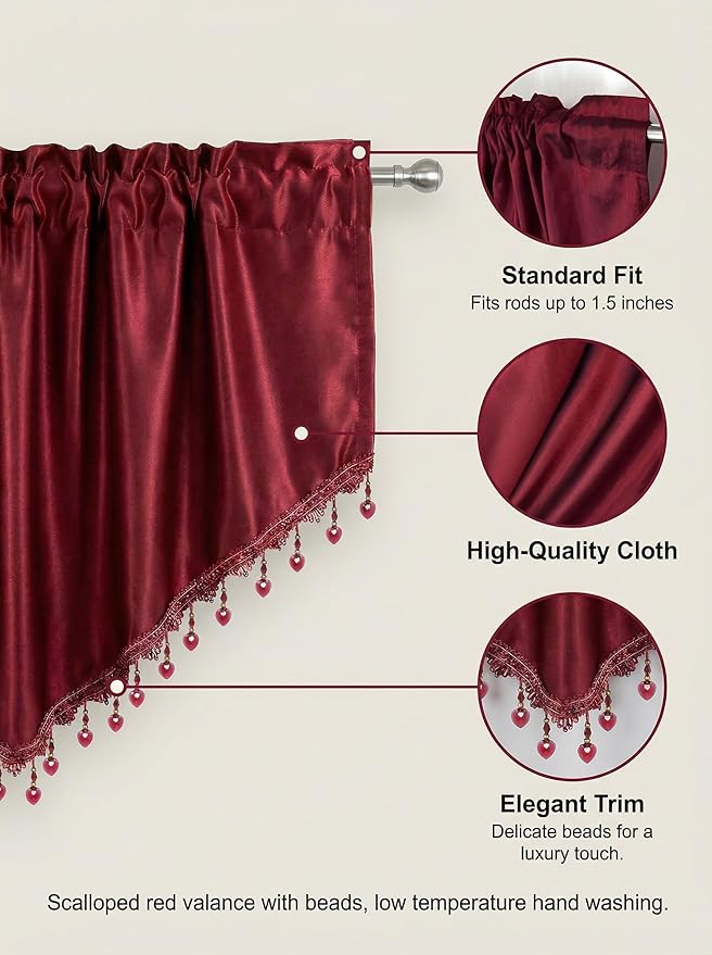 Molaxhome Swag Curtain 51 inch Length Rod Pocket Scalloped Curtain Valance Sheer Lace Panels with Hanging Crystal Beads for Kitchen Bedroom Window Treatments Drape Decor 1pc (Cloth Red, 51Wx23L)
