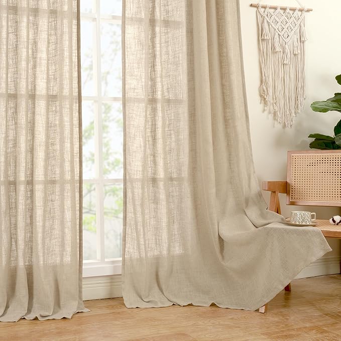 LAMIT Brown Sheer Linen Curtains 96 Inches Long 2 Panels Set, Light Filtering Boho Burlap Panels Bronze Grommet Floor to Ceiling Drapes for Living Room/Sliding Glass Door/Bedroom, 52 x 96 Inch