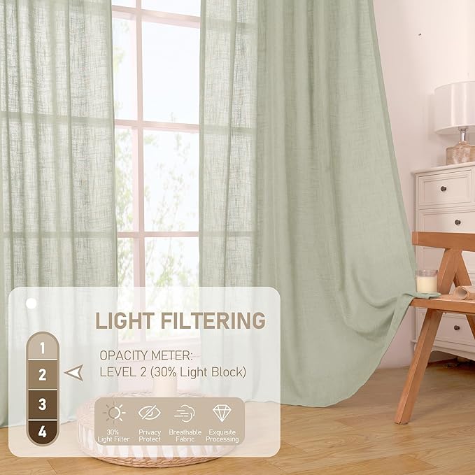 LAMIT Short Linen Curtains 54 Inch Length for Bedroom, Semi Sheer Light Filtering Drapes Bronze Grommet Linen Textured Panels for Kitchen/Bathroom/Living Room, 2 Panels, Sage Grey, 34 X 54 Inch