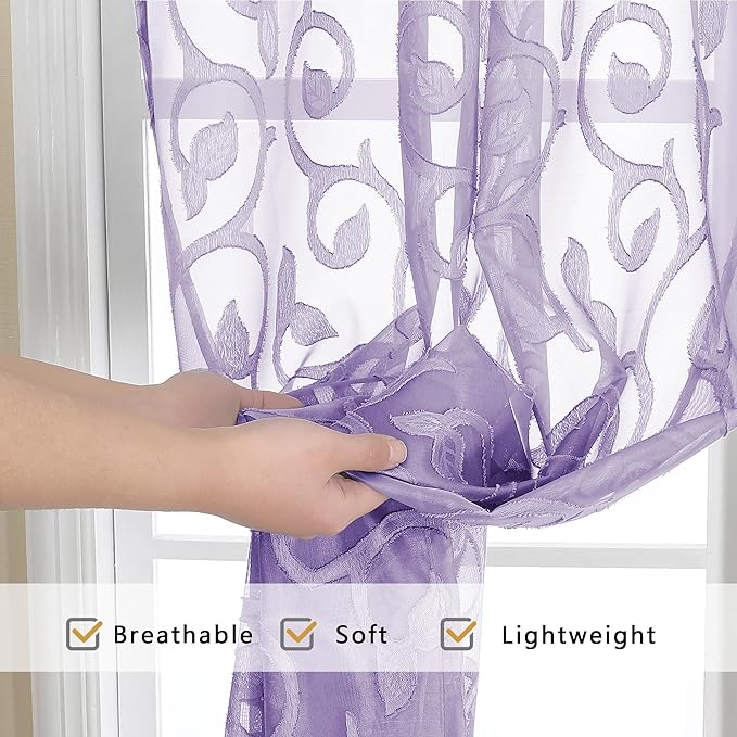 OWENIE Furman Sheer Curtains 63 inch Length for Bedroom Living Room 2 Panels Set, Jacquard Clip Textured Semi Sheer Curtains, Light Filtering Rod Pocket Farmhouse Darpes, 40Wx63L inch, Light Purple