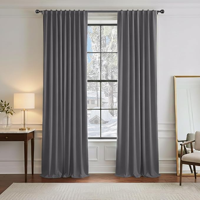 PONY DANCE Window Draperies Set - 42 by 90 inch, Grey Blackout Curtains Back Tab/Rod Pocket Light Blocking Curtain Panels Thermal Insulated Decoration for Bedroom, Double Pieces