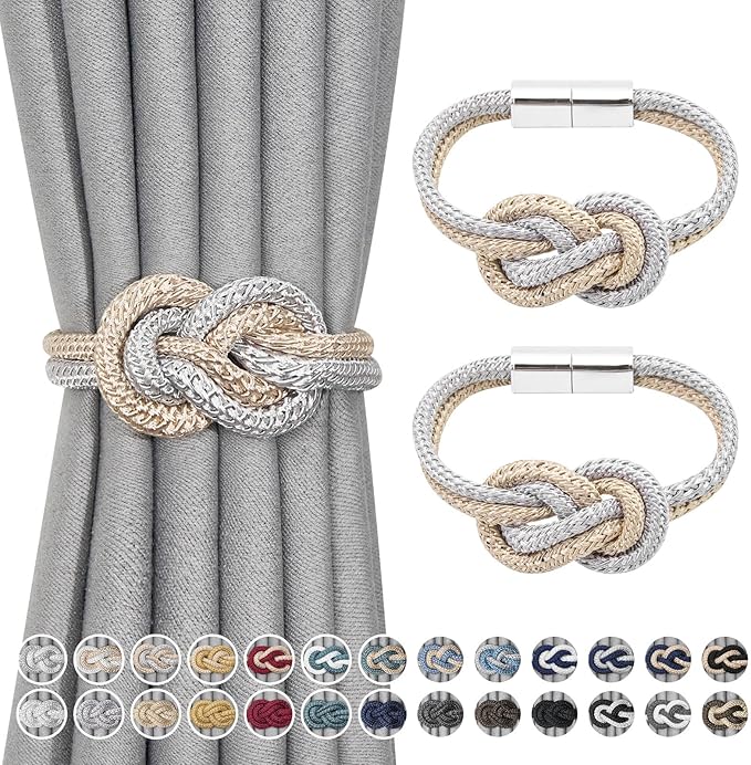 NICEEC 2 Pack Mini Magnetic Curtain Tiebacks Nordic Simple Style Drape Tie Backs Elegant Hand Weave Rope Knot Decorative Curtain Holdbacks for Home & Office Thin Window Drapery (Grey & Beige)