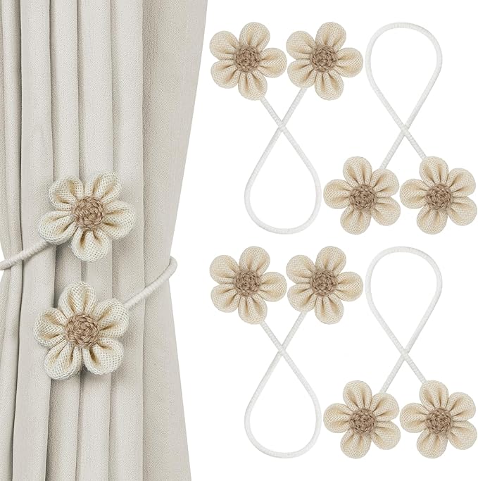KLOGTSIND Flower Curtain Tiebacks, 4 Pack Curtain Ties Elegant DIY Curtain Holdbacks, Decorative Window Drape Twist Tie Backs for Boho Bedroom Decor, Nursery Decor, Farmhouse Decor