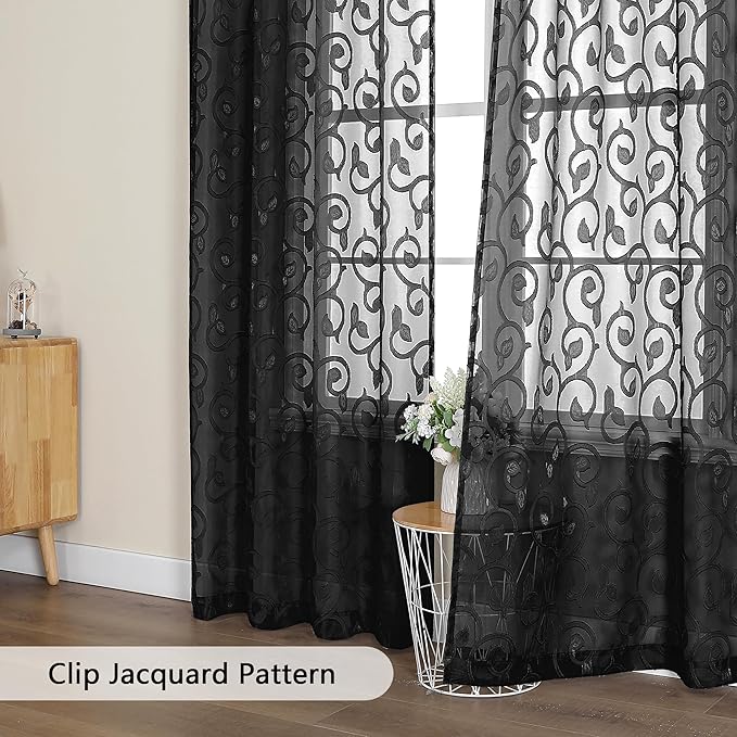 OWENIE Furman Sheer White Curtains, 45 Inch Length 2 Panels Set, Airy Jacquard Clip Short Curtains for Small Window, Semi Sheer for Bathroom Bedroom Living Room, 40Wx45L inch