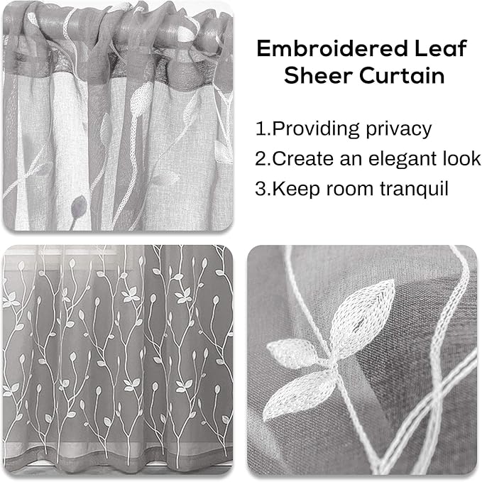 AmHoo 2 Panels Embroidered Leaf Pattern Semi Sheer Curtains Foliage Floral Voile Window Draperies Treatment for Bedroom Living Room Rod Pocket Light Gray 53 x 63 Inch