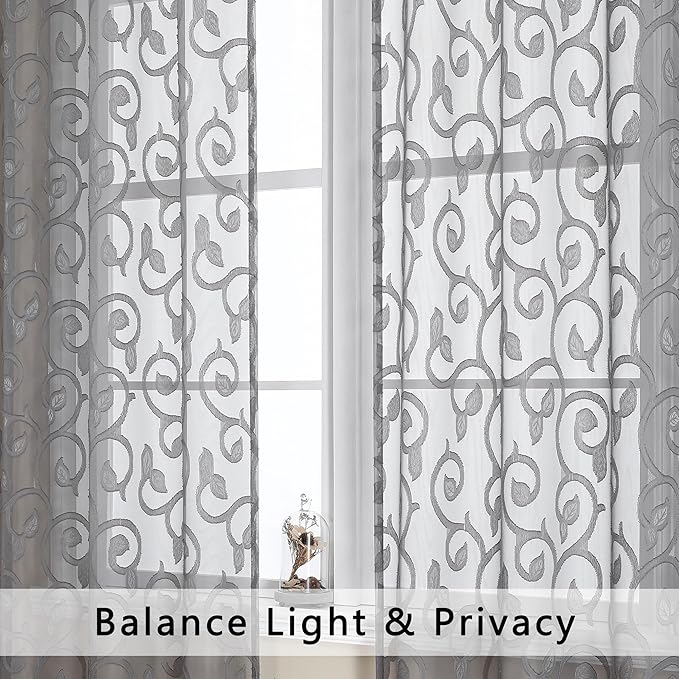 OWENIE Furman Sheer Curtains Tiers 24 Inch Length 2 Panels Set, Geometric Jacquard Clip Short Voile Grey Curtains for Kitchen/Living Room/Basement Window Curtains, Dual Rod Pocket, 28Wx24L inch