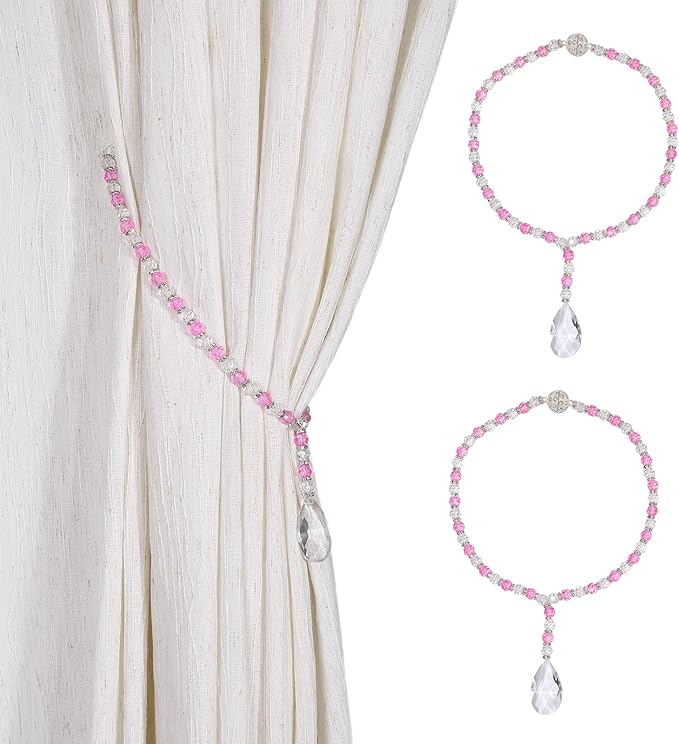 SUQ I OME 1 Pair of Luxury Crystal Beaded Magnetic Curtain Tieback and Holdback Curtain Clips Curtain Buckle Curtain Holder Blingbling Curtain Holdbacks for Drapes,Bright Pink