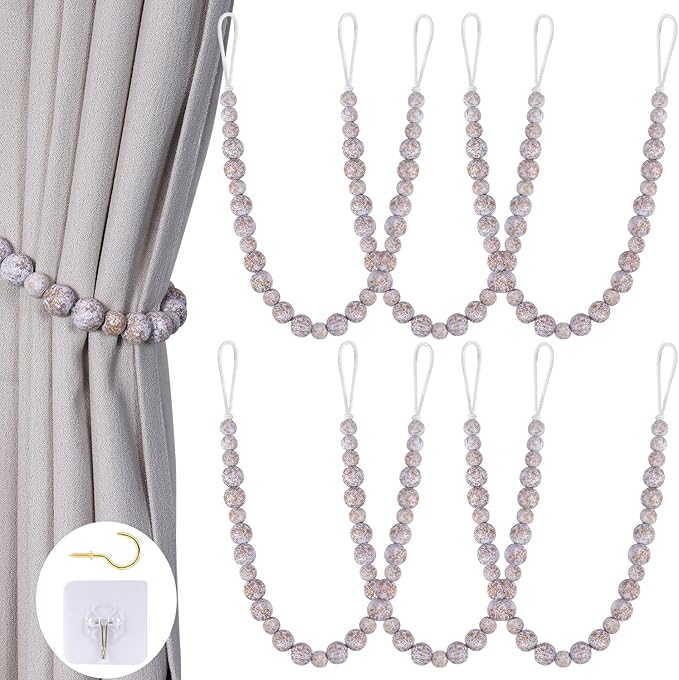 Wood Bead Curtain Tiebacks, KLOGTSIND Set of 6 Curtain Holdbacks for Thin or Thick Window Draperies, Boho Farmhouse Curtain Tiebacks with Hooks, Curtain Tie Backs for Home Office Room Décor