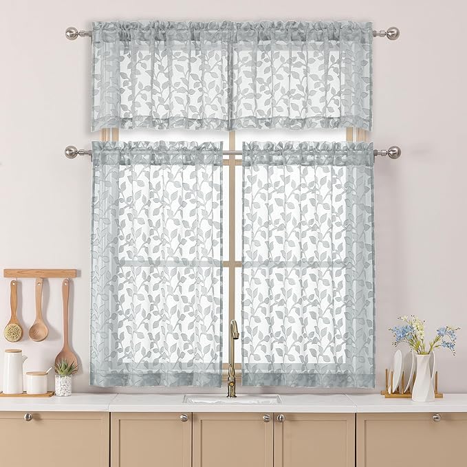 Chyhomenyc Light Grey Sheer Valances for Windows 14 Inch Length 2 Pcs, Light Filtering Leaf Textured Cafe Short Kitchen Curtains, Top Small Curtain for Living Room Bedroom Basement, 42" W x 14" L