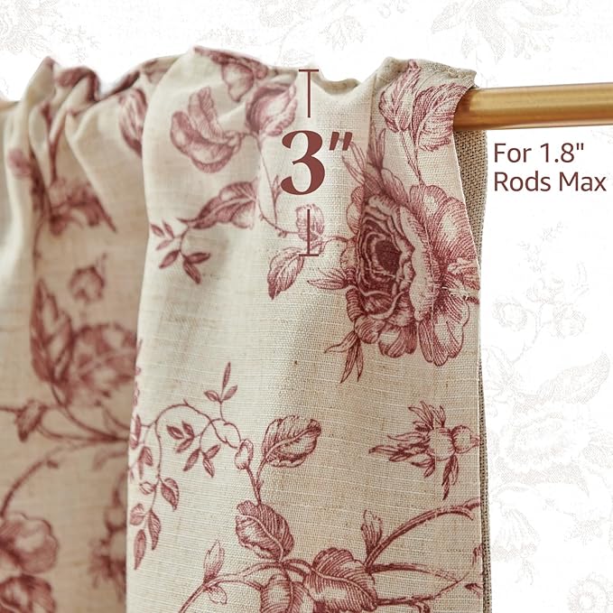 jinchan Amlie Floral Linen Valance Curtain Farmhouse Kitchen Valance for Living Room Laundry Light Filtering Double Layer Cottagecore Window Treatment Rod Pocket 1 Panel 16 Inch Maroon on Linen