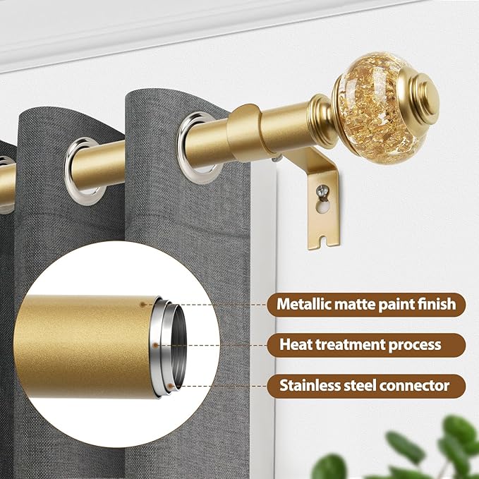 Curtain Rods for Windows 48 to 84 Inch, USFOOK 7/8 inch Luxury Gold Curtain Rod 32 to 86 Inch, Telescoping Splicing Drapery Rods with Decorative Translucent Finials