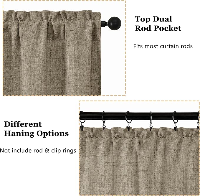 OWENIE Brown Valances for Windows 1 Pcs, Light Filtering Textured Farmhouse Short Small Valance Curtains for Bathroom Basement Living Room Bedroom, Rod Pocket Half Curtains Over Sink, 52Wx14L Inch