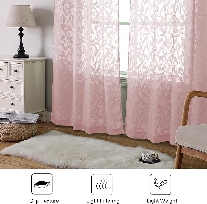 Lecloud Leia Clip Blush Pink Sheer Curtains 84 Inch Length 2 Panels, Jacquard Textured Leaf Light Filtering Voile Curtain for Girls Bedroom, Dual Rod Pockets Window Living Room Drapes, 38x84 Inch